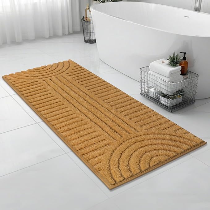 SHACOS Super Soft Bathroom Runner Rugs 24"x60" Non Slip Boho Bathroom Mats Microfiber Absorbent Carpet for Bath Room Machine Washable Shaggy Bath Rugs for Shower Bathtub Home Decor, Mustard 2'x5'