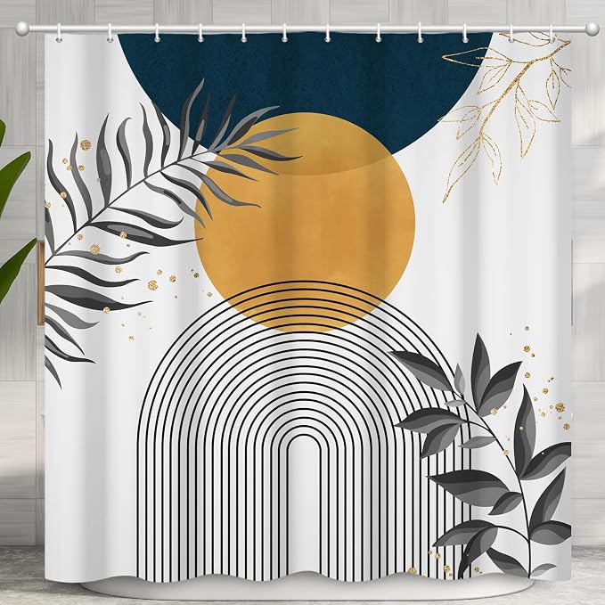 Boho Mid Century Shower Curtain, Orange Blue Modern Minimalist Abstract Geometric Gold Plant Leaves Arch Bathroom Curtains Waterproof Fabric Buthtub Curtain Set with Hooks 36" Wx72 L