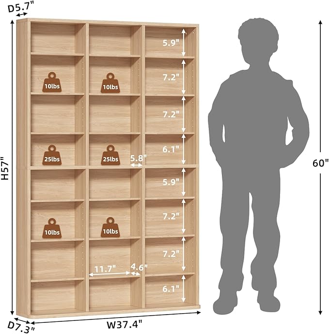 LELELINKY 8 Tier Tall Display Cabinet, Natural Media Storage Cabinet with Adjustable Shelves, Free Standing DVD Organizer Shelf, Floor multimedia storage manga bookshelf for Living Room & Home Office.