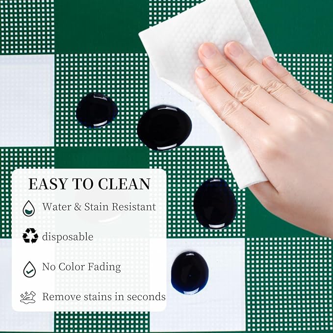 3 Packs Green and White Checkered Tablecloth 54x108 Inches Rectangle Gingham Tablecloth Disposable Plastic Waterproof Table Cover for Outdoor Picnic Kitchen and Birthday Party