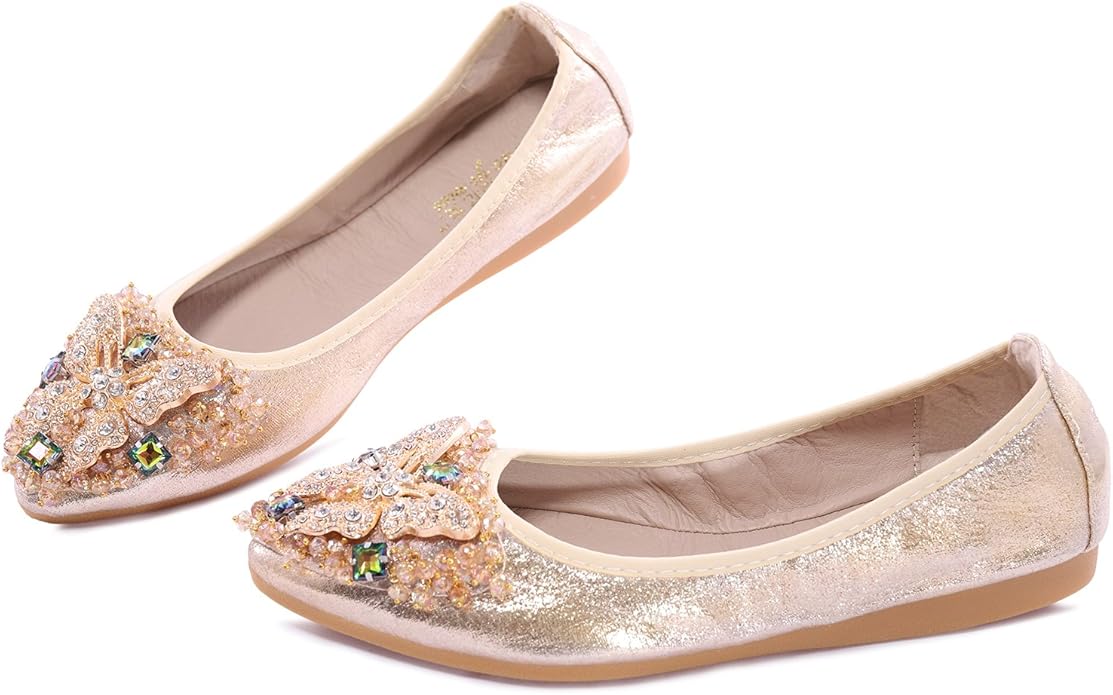 Womens Ballet Flats Foldable Rhinestone Pointed Toe Comfortable Slip on Wedding Flat Shoes Dress Flats for Women