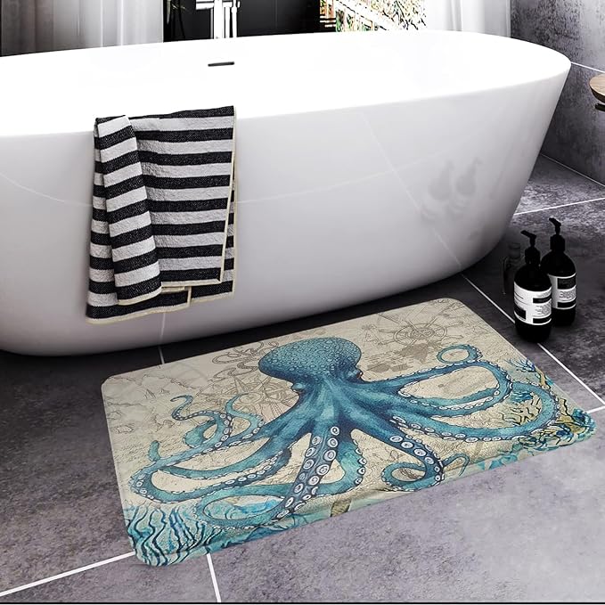 Britimes Blue Bath Mat for Bathroom Sea Theme Octopus Washable Floor Rug Carpets Floor Mat Bathroom Decorations 20x32 inches for Kitchen Bedroom Indoor