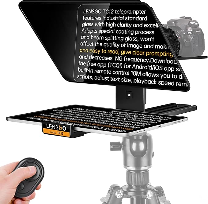 LENSGO 12.9'' Aluminum Teleprompter for iPad Tablet DSLR Cameras with Remote Control, App Compatible with iOS/Android,Professional Prompter for News/Broadcasting,Online Teaching,Live Streaming(TC12)