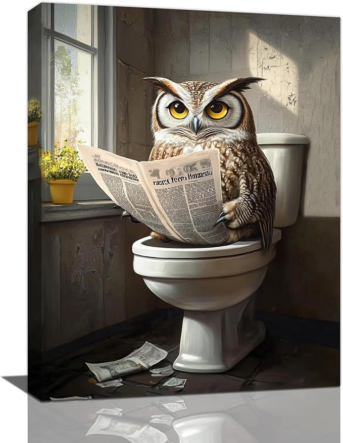Owl Bathroom Wall Art, Funny Owl Toilet Pictures Wall Decor, Bird Canvas Prints, Animal Painting, Framed Artwork for Bathroom Living Room Bedroom Office Dining Room 20"X16"