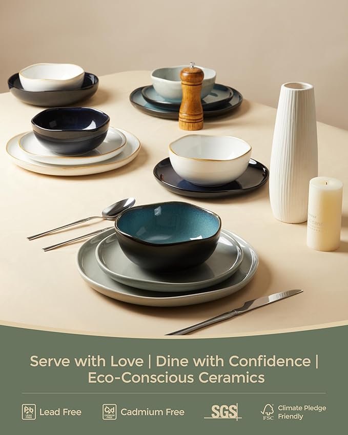 Pokini Dinnerware Sets for Family of 6, Ceramic Plates and Bowls Set, Kitchen Dish Set, Microwave & Dishwasher Safe Dishware, Highly Durable Reactive Glazed Dinner Set, Gray Green