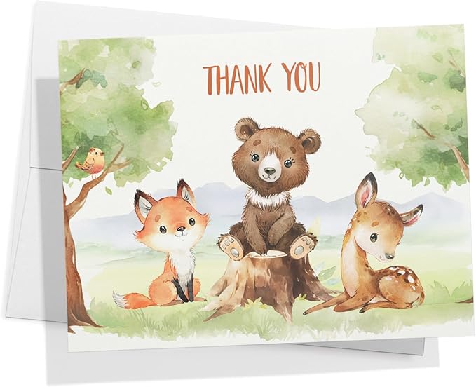 Twigs Baby Shower Thank You Cards with Envelopes - 12 Set Baby Shower Cards for Girl, New Baby Congratulations Cards, Welcome Baby Card, Made in the USA - Forest Animal Designs, 5.5 x 4.25 Inch Size