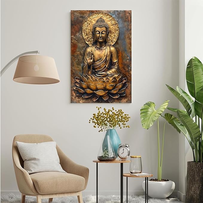 Buddha Wall Art Golden Buddha in Lotus Seat Serene spiritual statue radiant aura Meditation and mindfulness wall art suitable for sacred spaces 20x30in Frameless