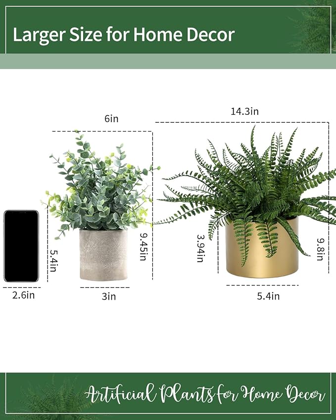 Coferset 13.5" Small Fake Plant Fern Potted Artificial Plants Fake Fern for Shelf Home Bathroom Office Decor(Gold Mental Pot)
