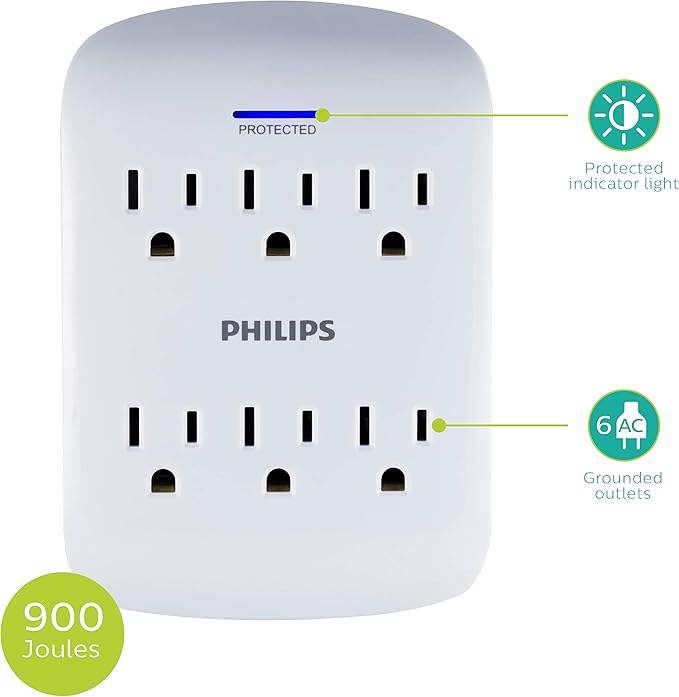 Philips 6-Outlet Extender Surge Protector, 2 Pack, Wall Tap, 900 Joules, 3-Prong, Space Saving Design, Protection Indicator LED Light, ETL Listed, White, SPP3466WA/37