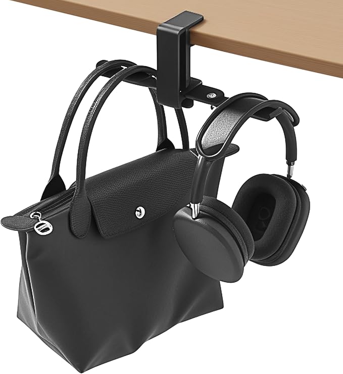 blingwider 2 Hooks Aluminum Foldable Headphone Holder for Desk, Headset Stand for Desk,Backpack Holder Hook for Desk,Table Bag Hook,Under Desk Clamp Hook for Gaming PC Accessories,Black