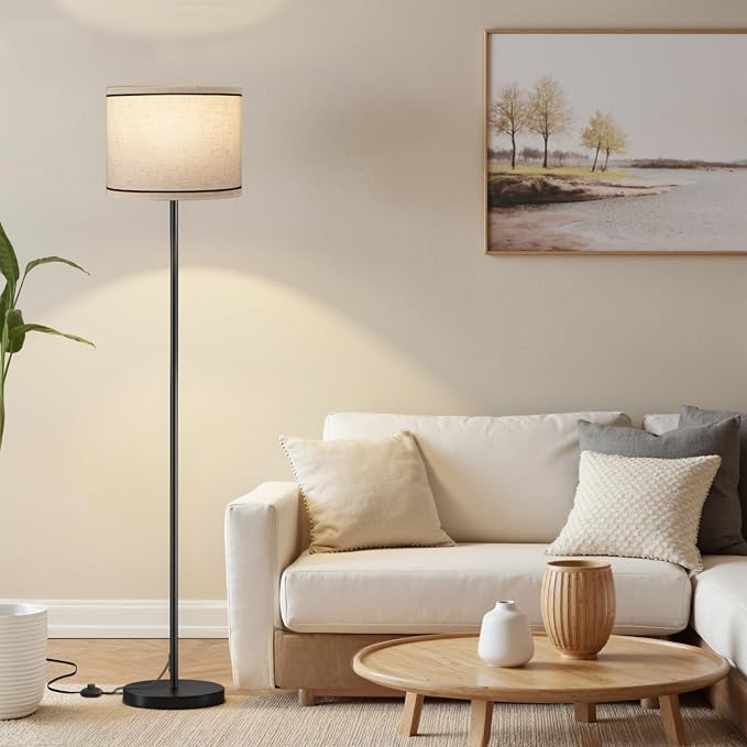 Ambimall 60'' Modern Floor Lamp with Shade, Tall Lamps for Living Room, Bedroom, Office, Dining Room, Beige Lampshade with Black Stripes(Without Bulb)