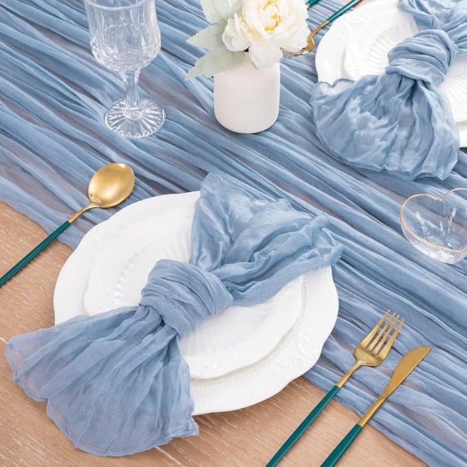 MLMC 3 Pack Dusty Blue Table Runner 10ft Boho Gauze Cheesecloth Table Runner Bulk 35x120 Inches Rustic Cheese Cloth Decor for Wedding Bridal Shower Baby Shower Party Decor