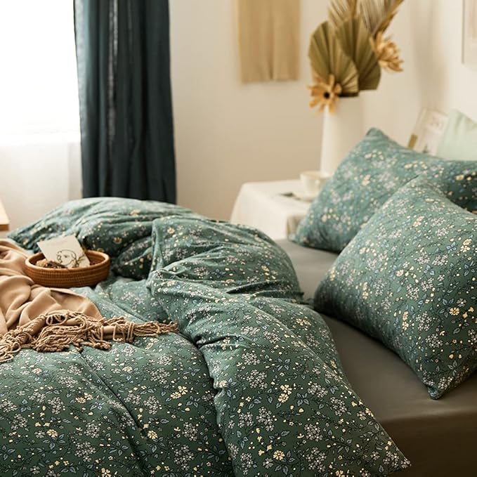 LifeTB Jersey Knit Cotton Duvet Cover Twin Green Floral Bedding Sets 100% T Shirt Cotton Botanical Bedding Garden Chic Knit Cotton Comforter Cover Vintage Floral Duvet Cover