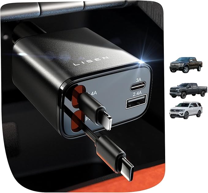 LISEN Long Retractable Car Charger 4 in 1 (47.2in Cable), 69W USB C Car Charger for Truck & Uber Drivers, Truck Accessories Fast Charging for iPhone 17 16 15 14 13 12 11 X Series, Uber Signs for Car