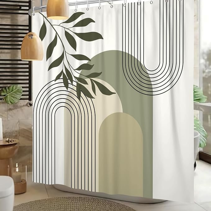 Boho Sage Green Shower Curtain Mid Century Modern Abstract Plant Botanical Bathroom Curtain Minimalist Neutral Geometric Arch Bath Decor Polyester Set with Hooks 72x84 inch