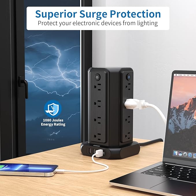Surge Protector Power Strip Tower with USB Ports, 15 FT Extension Cord Tower with 16 Widely Spaced Outlets 4 USB Ports, 1080 Joules, Overload Protection, Flat Plug Power Strip for Home, Office, Black