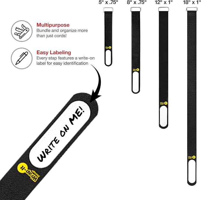 Wrap-It Storage Cinch-Straps (Assorted 16-Pack) Black - Hook and Loop Strap with Write on Label for Easy Cord Identification and Cable Management