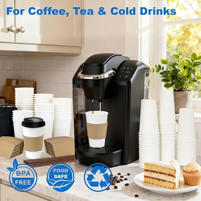 Coolcap 16 oz 500 Pack Coffee Cups with Lids and Sleeves, Straws, Hot Disposable To Go Travel Paper Cups Bulk for Office, Home Coffee Bar Accessories, Chocolate, Cocoa, Beverage (White)