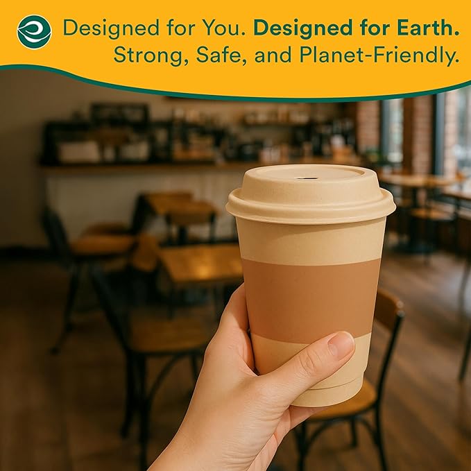ECO SOUL 50 Pack 12 oz Disposable Coffee Cups with Lids & Sleeves Eco-Friendly, Biodegradable, Compostable, Leak-free & Sturdy To Go Hot Drink Cup for Tea, Chocolate Party Travel Cafe Office & Home