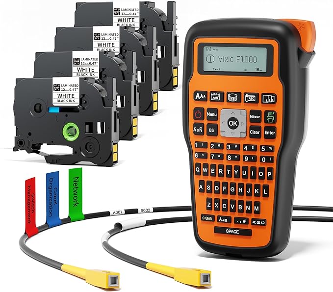 Vixic Industrial Label Maker, Cable Wire Label Maker Waterproof-Labels Bundle 4 Laminated-Tapes for Electricians Network Office Labeling, E1000 Heat Shrink Tube Labeler Machine Handheld & Portable
