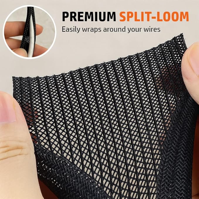MGI SpeedWare Braided Split-Sleeve Wire Loom for High-Temperature Automotive Harness and Home Cable Management 25 feet (1")