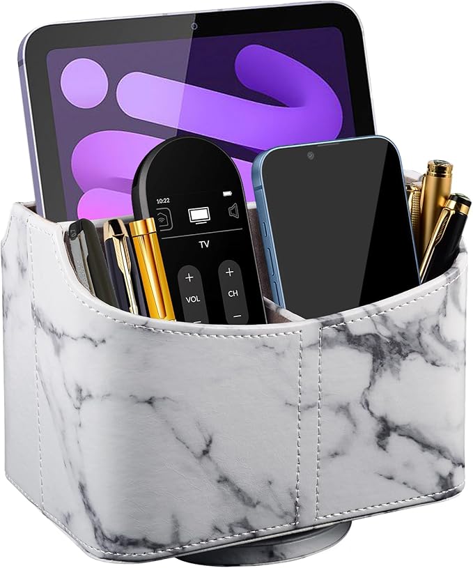 RHCSZ PU Leather Remote Control Holder 360 Degree Rotating Desk Organizer/Caddy Storage Box for Remote Controllers,TV Guide, Mail, Electronics,Pen,Stationery and Media Storage white