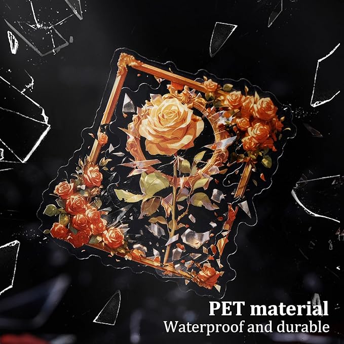AuriicLeaf Broken Mirror Frame Stickers Set, 40PCS Gothic Rose PET Scrapbook Supplies for Journaling, DIY Crafts, and Planners