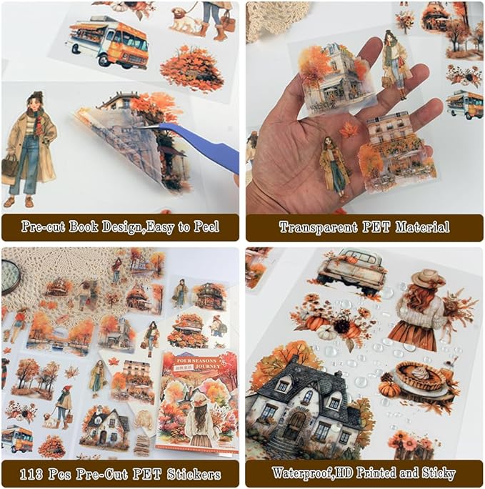 Dwpetzo Fall Landscape Pre-Cut Autumn Journal Sticker Book, Transparent PET Watercolor Scrapbook Stickers for Junk Journaling Supplies, Scrapbooking, Collage, Bujo, 20 Sheets