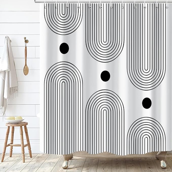 White and Black Extra Long Shower Curtain, Boho Minimalist Mid Century Modern Arch Geometric Machine Washable Waterproof Fabric for Bathroom Bathtub Decor with Hooks 72Wx84H