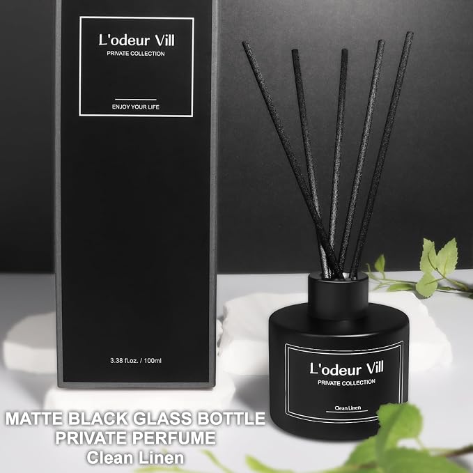 L'odeur Vill Reed Diffuser, 3.4oz(100ml) Clean Linen Reed Diffuser Set with 6 Oil Diffuser Sticks, Matte Black Aroma Scent Diffuser, Long Lasting Home Fragrance for Bathroom Shelf Decor