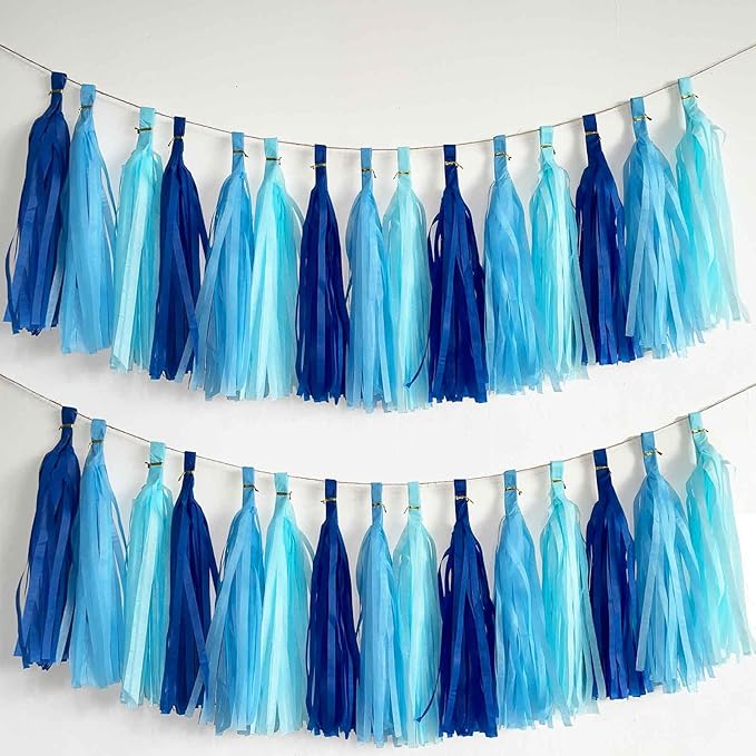 We Moment Navy Blue Light Blue Tissue Paper Tassels Party Tassel Garland for Party Decorations, DIY Kits, 15PCS