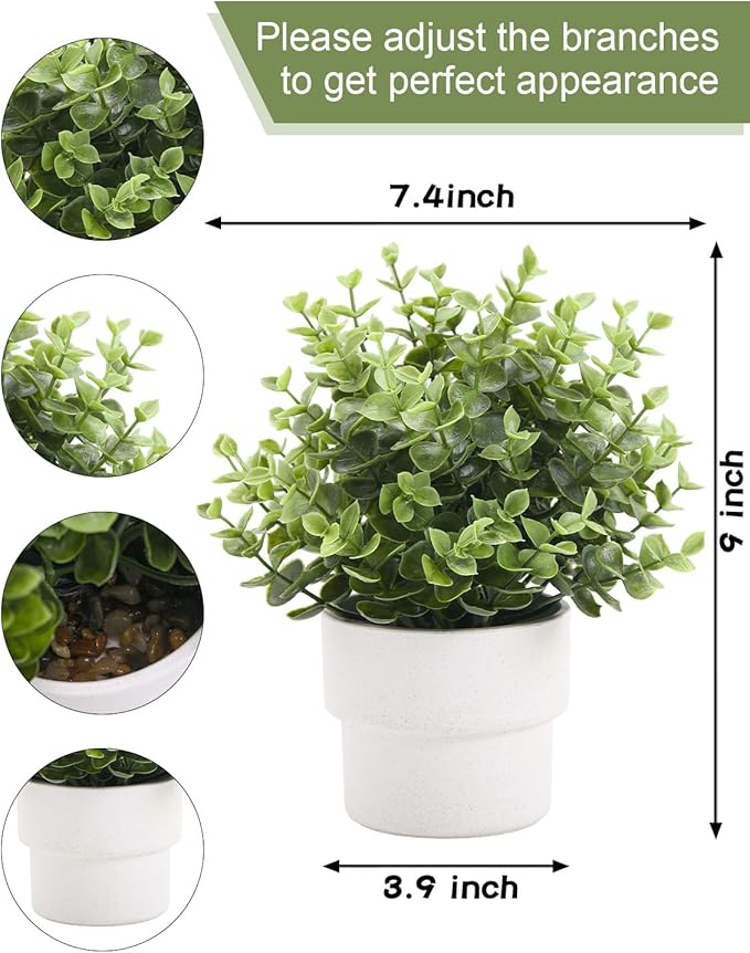 Coferset Small Fake Plants 7.45” Eucalyptus Potted Artificial Eucalyptus Plant for Home Bathroom Office Farmhouse Restroom Shelf Desk Mantel Coffee Table Decor (Green)