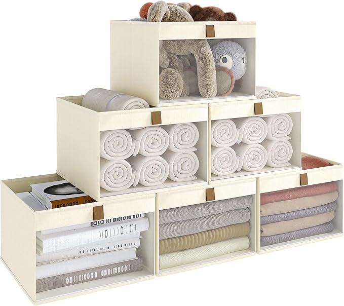 Linen Closet Organizers and Storage, Closet Storage Bins Basket Organizer, Foldable Organization Baskets with Mesh Window for Clothes Towels and Toys, 14.5" x 14.5" x 10.25", Beige, 6 pack