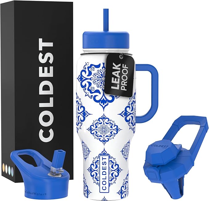 Coldest Tumbler with Handle and Straw - 100% Leak Proof Insulated Tumbler with Lid and Straw (3 Lids) - Stainless Steel Tumblers for Women & Men - Cup Holder Friendly Base, 36 oz (The European)