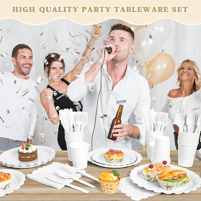 Vyntra 350 PCS Disposable Plates for Party, Paper Plates & Napkins Set with Cups, Knives, Forks, Spoons, 7'' Dessert and 9'' Dinner Plates for Wedding, Birthday, New Year’s Eve, Christmas - White