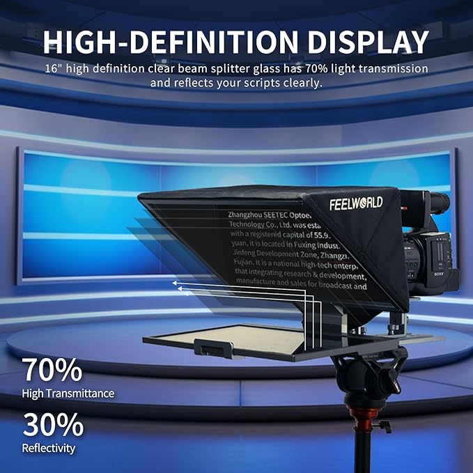 FEELWORLD TP16 16 Inch Folding Teleprompter for Up to 16" Tablet Horizontal Vertical Prompt for Live Streaming Interview Speech Online Teaching Vlogger with APP Remote Control Carry Case