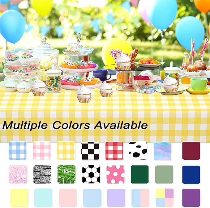WNINK 3 Pack Light Yellow Gingham Rectangular Plastic Tablecloths, Yellow and White Checkered Disposable Table Covers 54" x 108" for Birthday, Wedding, Bridal Shower, Outdoor Picnic Camping Parties