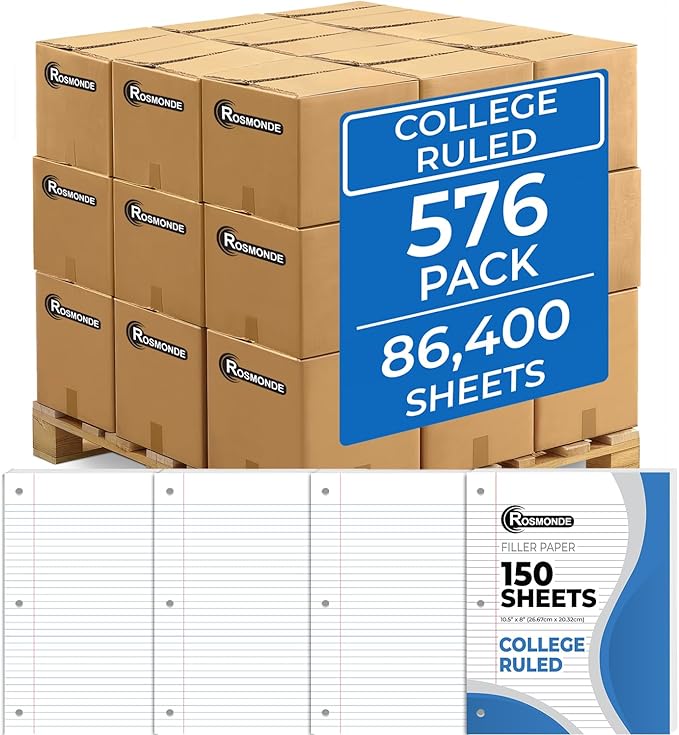 Rosmonde 576 Pack (Pallet) Loose Leaf Paper Bulk, 86400 Sheets, College Ruled, 150 Sheets/Pack, 8 x 10.5", Pallet of Filler Paper, 3 Hole Punched, 56 Gsm Thick Paper, School & Office, 4-7 Days Transit