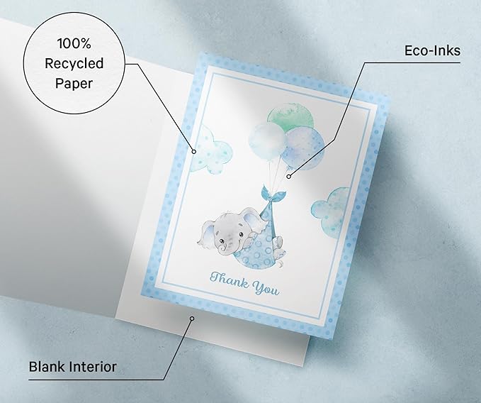 Twigs Baby Shower Thank You Cards with Envelopes - 12 Set Baby Shower Cards for Boy, New Baby Congratulations Cards, Welcome Baby Card, Made in the USA - Blue Elephant Designs, 5.5 x 4.25 Inch Size