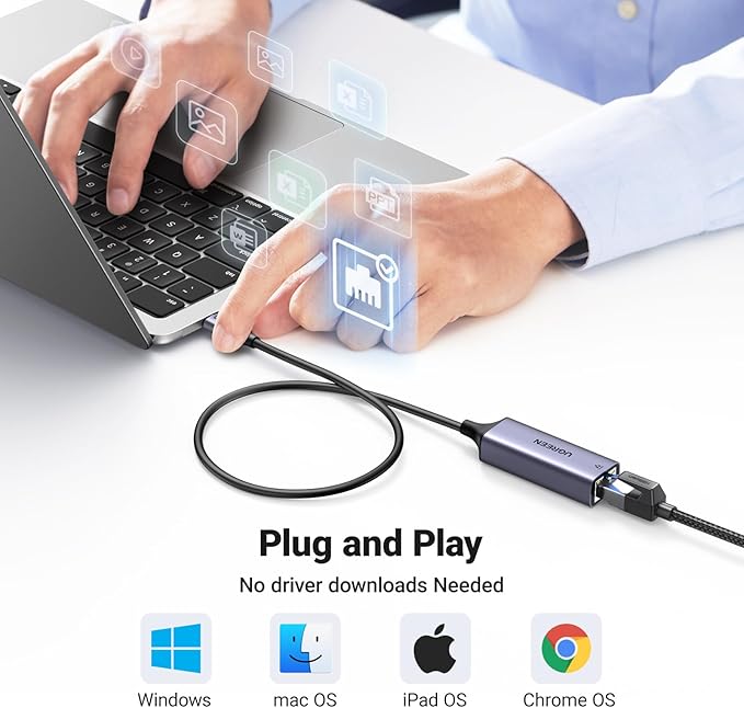 UGREEN USB C to Ethernet Adapter, 1.6FT Gigabit RJ45 to USB 3.0 Type-C (Thunderbolt 3) Ethernet LAN Network Adapter, Compatible with MacBook Pro, iPad Pro, Dell XPS and More