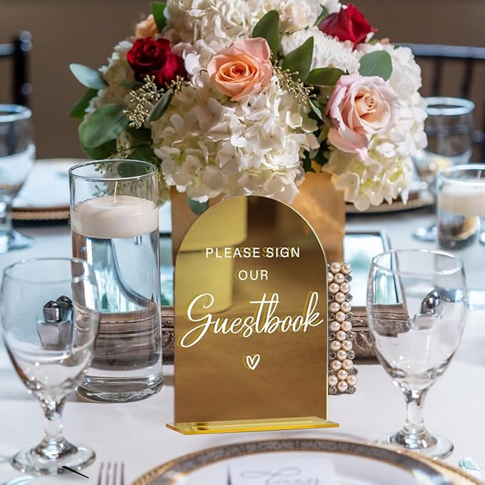 Acrylic Wedding Sign, Bridal Shower Decorations, Please Sign Our Guestbook Sign for Ceremony, Modern Font Table Signs, Gold Mirror Arched Acrylic Tabletop Signs for Wedding Reception and Event Party