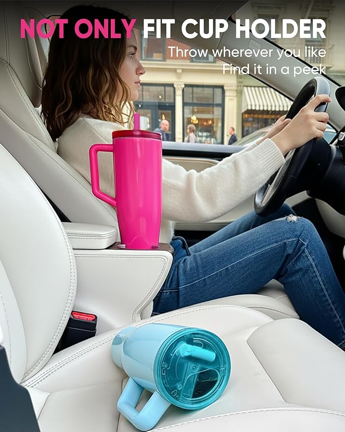 KISSKIND 40 oz Lumispin Tumbler with Handle and Hidden Straw, 100% Leak Proof Water Cup with Handle, Insulated Water Bottle for Travel, Mom, Nurse, Teacher, Student, Neon Pink