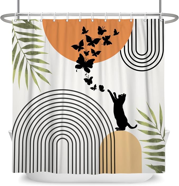 Mid Century Cat Shower Curtain Abstract Boho Geometric Minimalist Black Cat Butterflies Green Leaf Aesthetic Shower Curtain for Bathroom Decoration Accessories with Hooks 48x72 inch