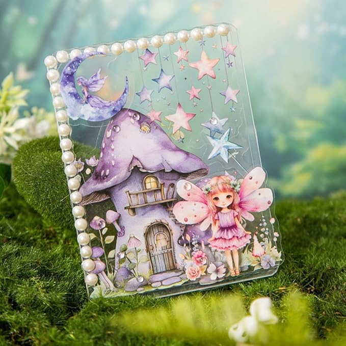 Dwpetzo Scrapbook Fairy Stickers for Scrapbooking Supplies, 80 Pcs Transparent PET Forest Mushroom House Scenery Stickers Ephemera for Junk Journals, Journaling, Collage, Art Crafts