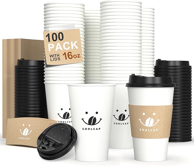 Coolcap Coffee Cups with Lids and Sleeves, 16 Ounce 100 pack To Go Coffee Cups with Lids, Disposable Hot Coffee Paper Cups Bulk for Hot Beverage (16 Ounce, White) | with Lids, and Sleeves, To Go Coffee Cups, with Lids, Bulk, for Hot Beverage