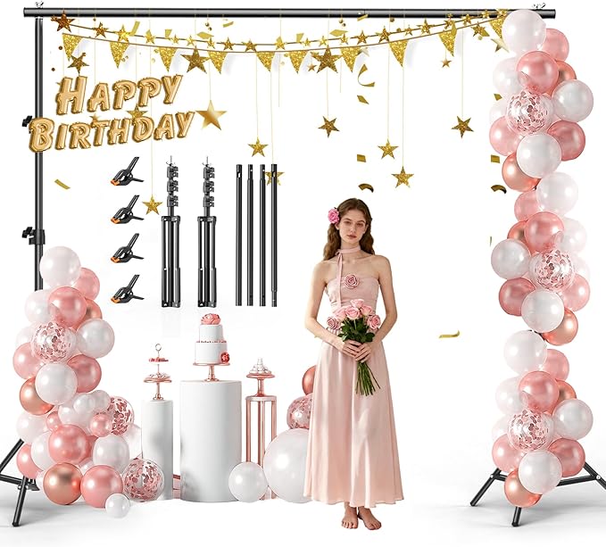 BEIYANG 10x10FT Backdrop Stand, Background Support Kit for Photography, 2 Adjustable Backdrop Supports, 4 Crossbars, 4 Clamps, and Carrying Bag for Photo Video Stutio, Parties Decoration