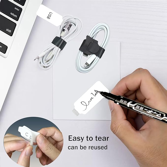 60 Pieces Reusable Cable Labels and Hook & Loop Ties Organizer Kit - 30 Tags & 30 Fasteners for Cord Management, Includes Markers for Home, Office Electronics