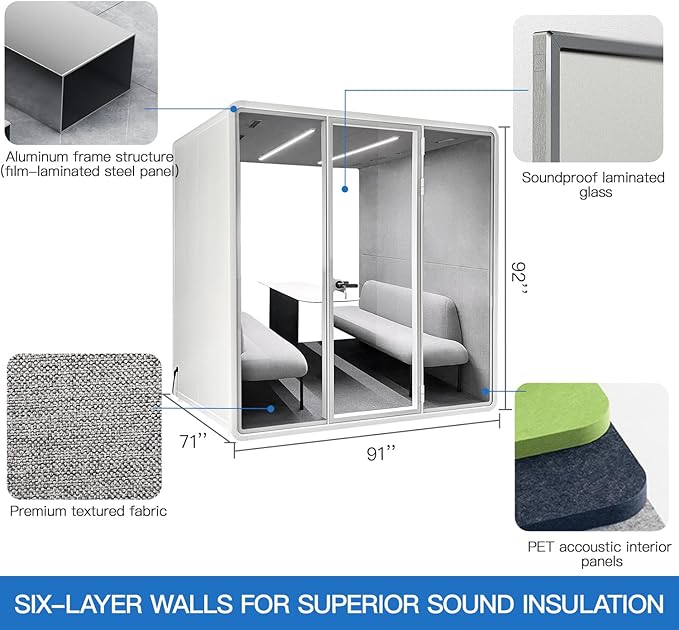 Soundproof Office Pod Booth, Quiet Meeting Pod with Sound Insulation Panels, 4 People Sound Proof Phone Booth with Desk, Movable Working Booth for Private Phone Calling, L Size H92in W92in D70in