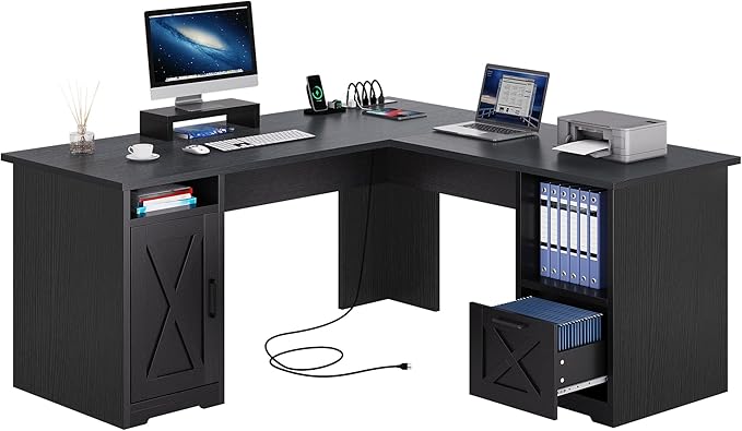 YITAHOME L Shaped Desk with Power Outlets, 60 Inch Computer Desk Corner Desk with File Drawer, Home Office Desk with Monitor Stand & Storage Shelves, L-Shaped Desk with File Cabinet, Black