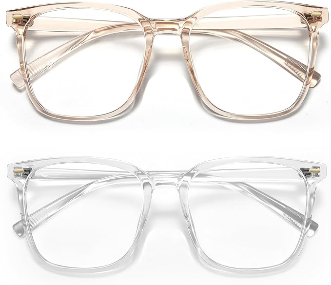 MACJERO 2-Pack Oversized Square Blue Light Blocking Glasses for Women Men, Anti-Fatigue Computer Monitor Gaming Glasses Reduce Eye Strain(transparent Brown+Clear)